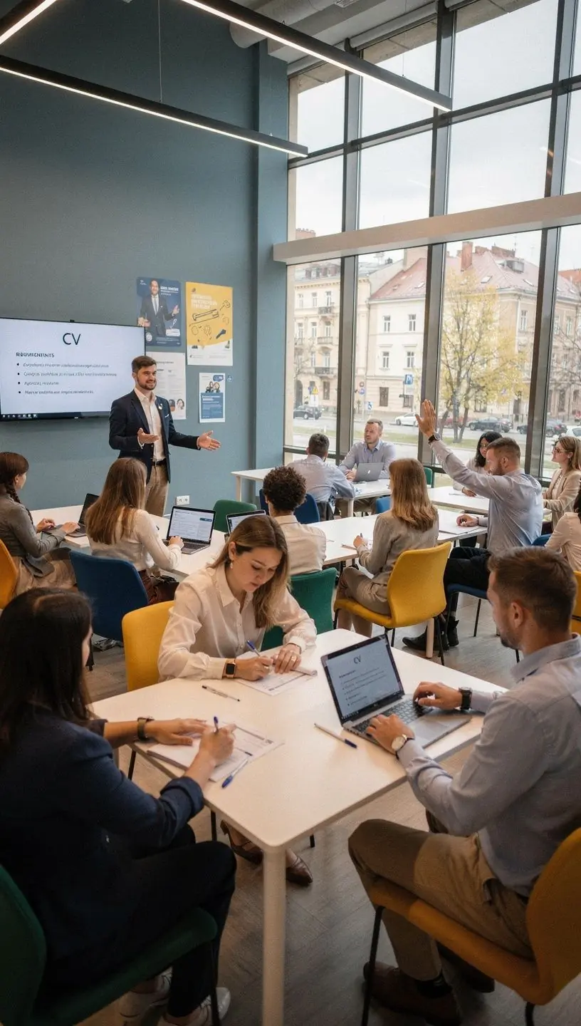 Grupinė sesija, kurioje dalyviai mokosi tinklo kūrimo įgūdžių.